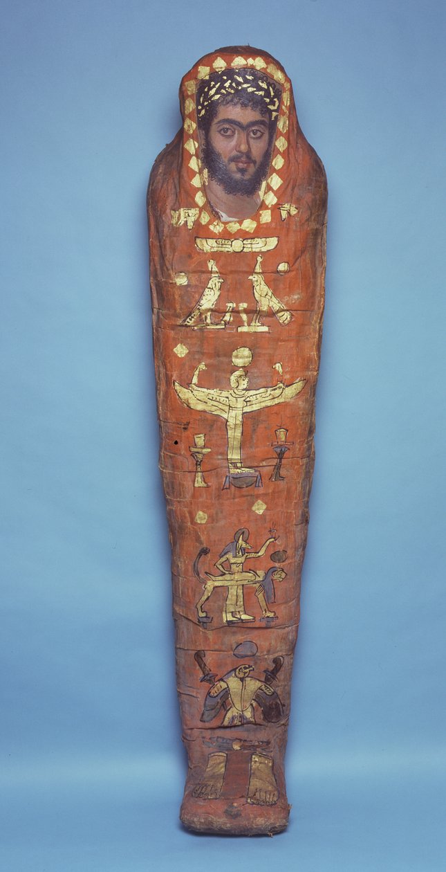 Fiatal férfi múmiája, enkausztikus portréval, El-Hibeh-ből (vászonba csomagolt emberi maradványok festett fatáblával) alkotó: Roman Period Egyptian