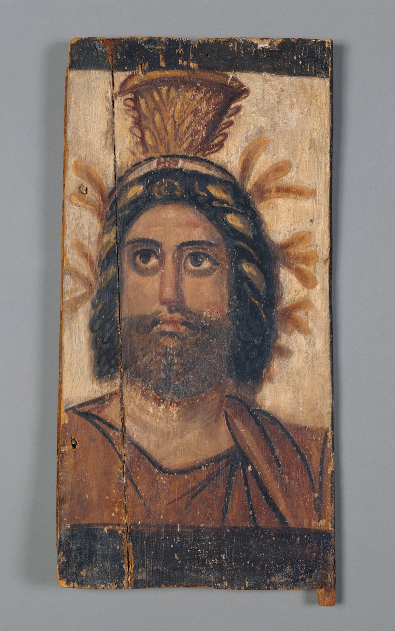 Panel arany kalathoszi koronát viselő Szerapisz festett képével, Kr.u. 180-200 (tempera, fa) alkotó: Roman Period Egyptian