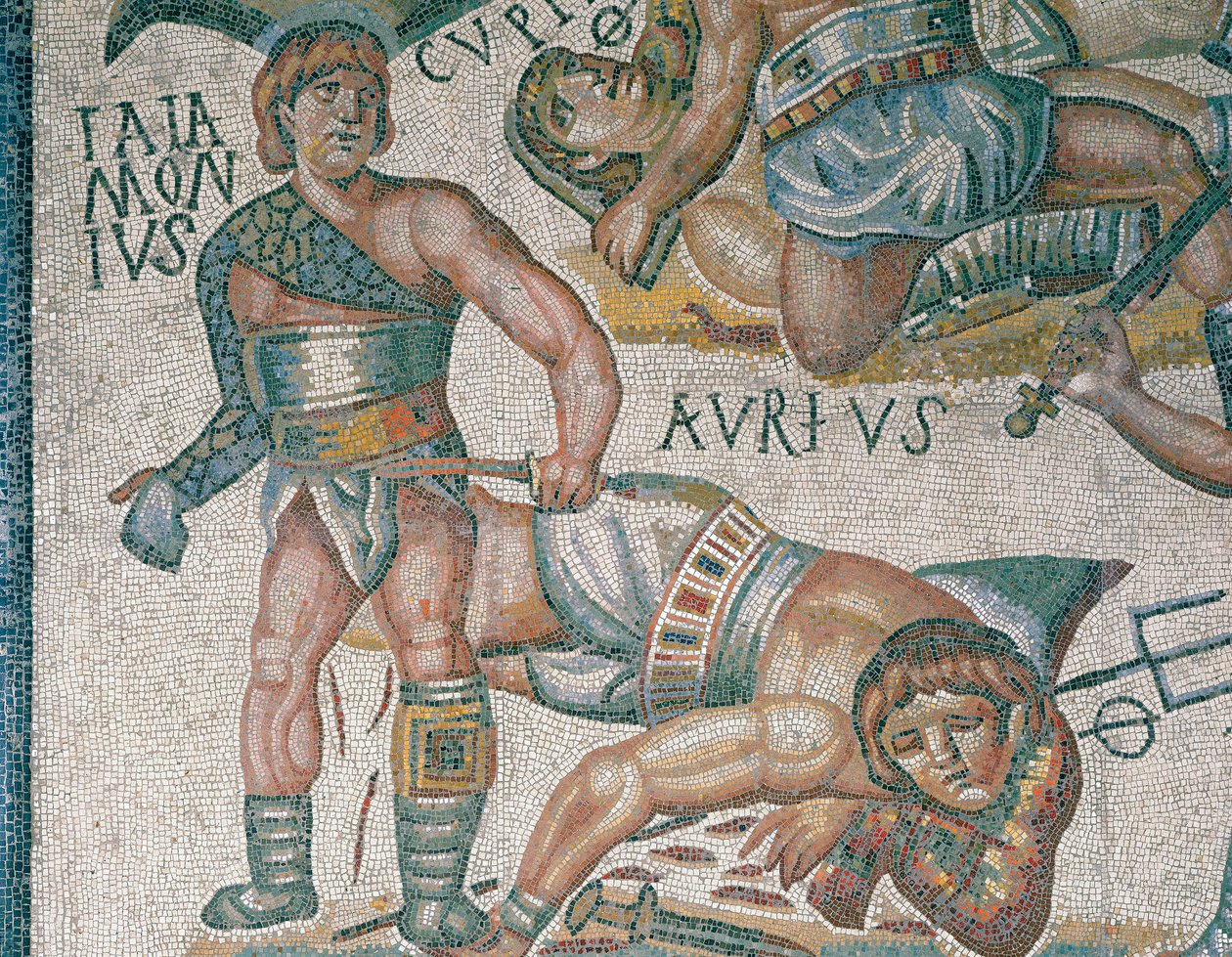 A római Borghese Galériában található mozaik, amely a gladiátorok harcát bemutató jelenetet mutatja, részlet alkotó: Roman Roman