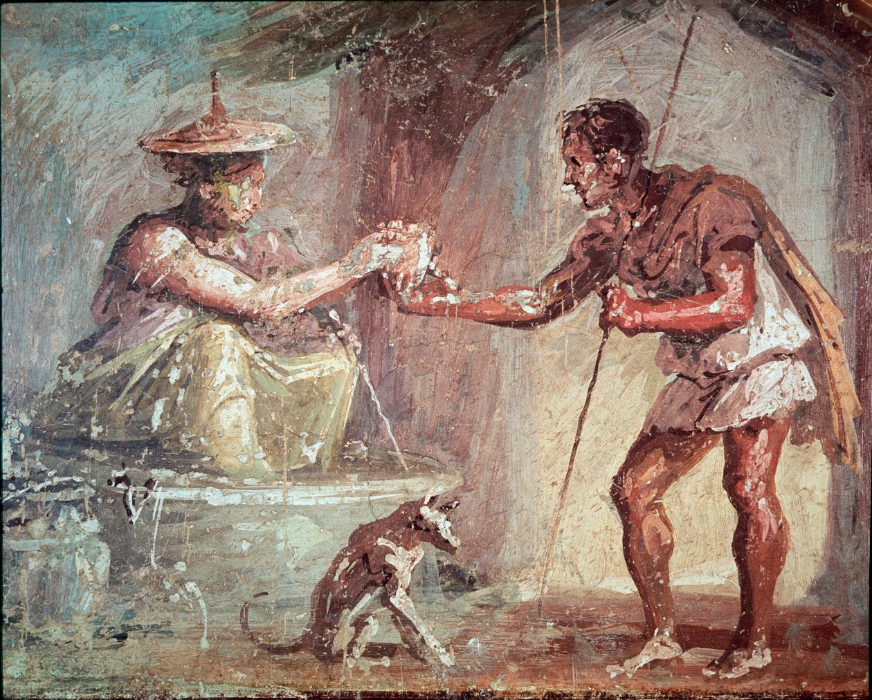 A nő italt kínál egy vándornak (freskó alkotó: Roman