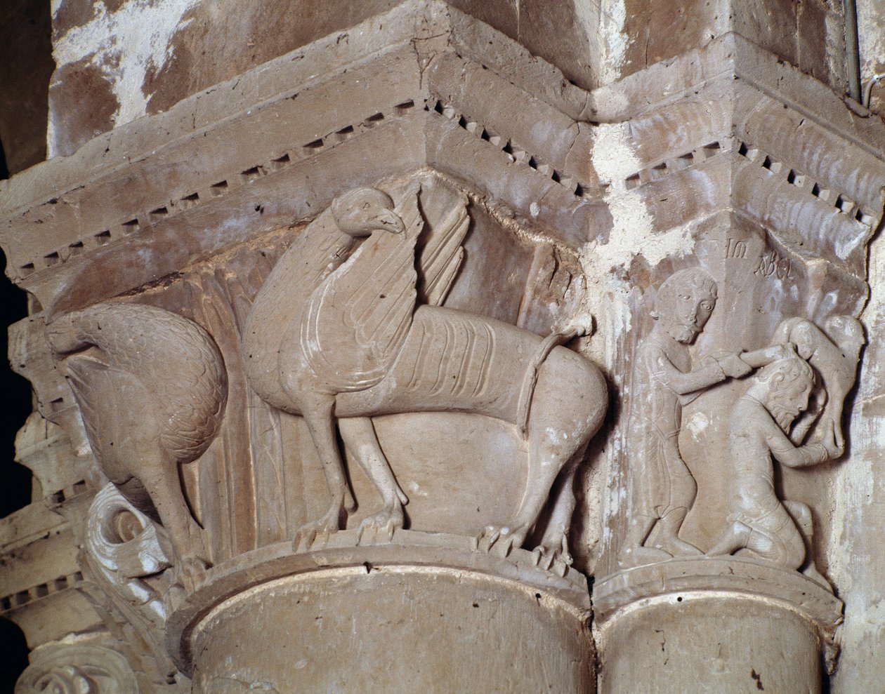 Káin megöli Ábelt (a kereszthajó faragott fővárosa) alkotó: Romanesque