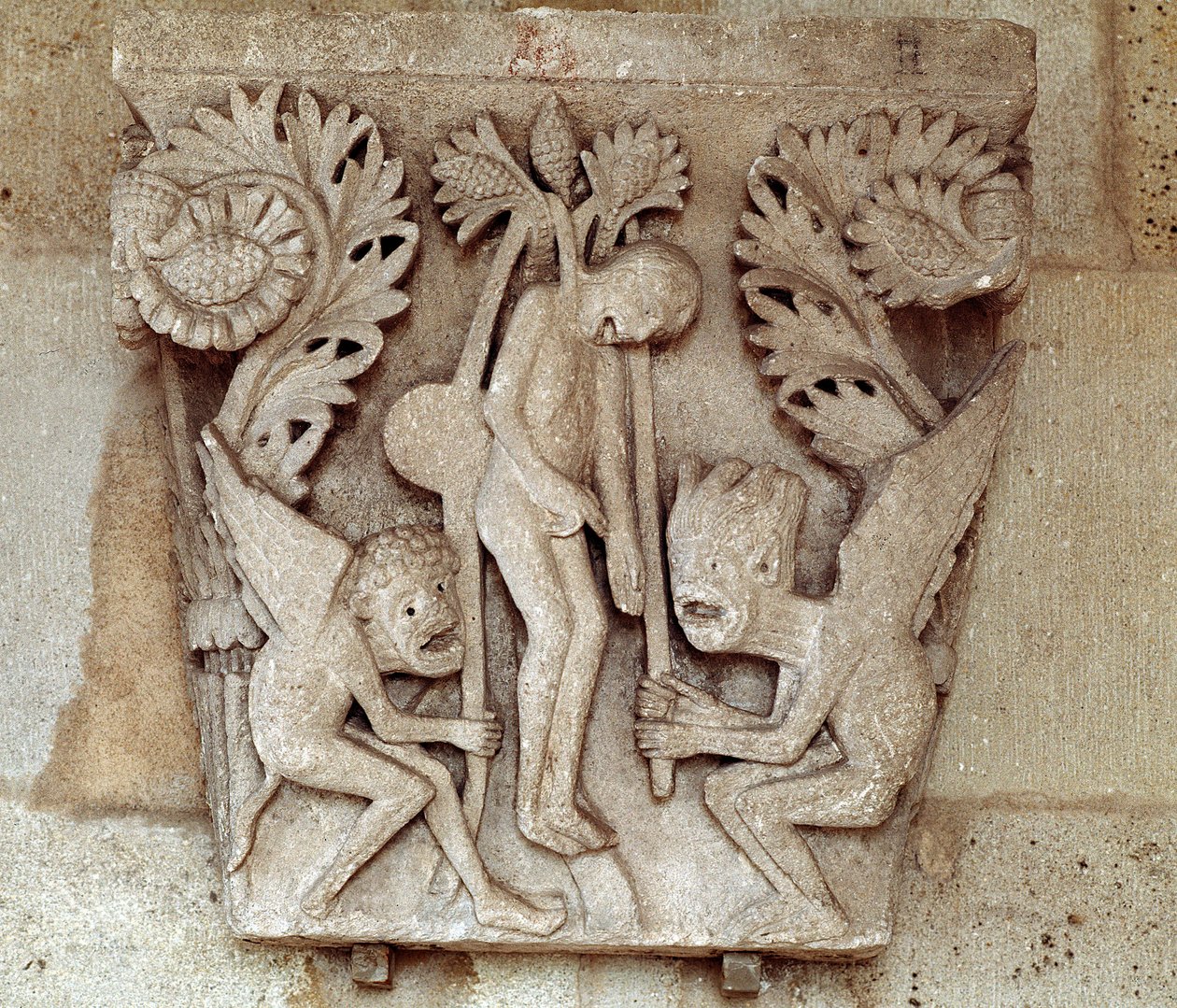 Júdás felakasztása (faragott tőke) alkotó: Romanesque