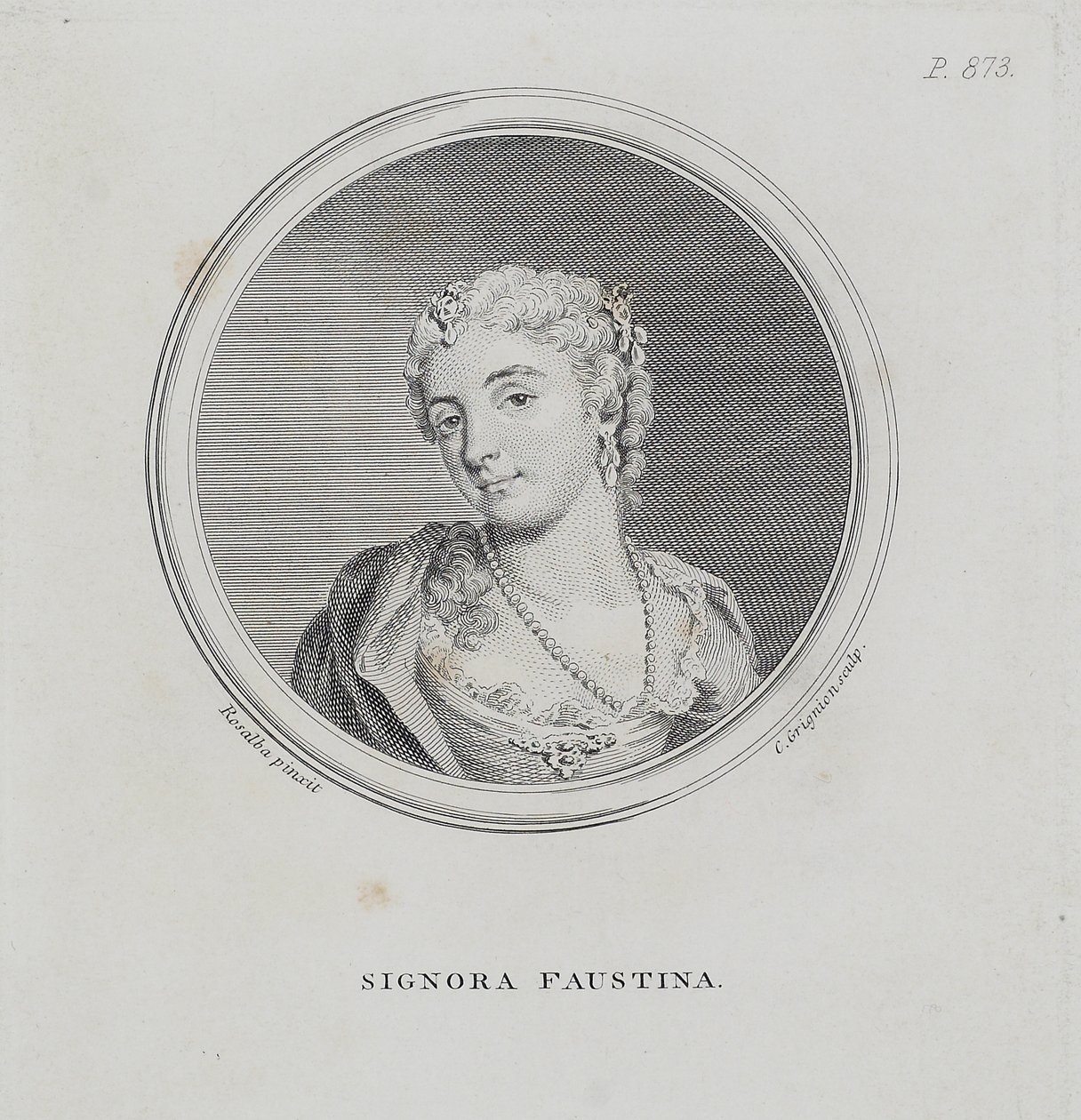 Signora Faustina, Sir John Hawkins "A General Dictionary of the Science and Practice of Music" című művéből, metszette Charles Grigion (1717-1810), 1776. alkotó: Rosalba Giovanna Carriera