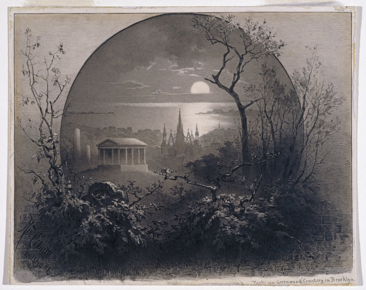 Kilátás a Greenwood temetőből, Brooklyn, 1881 (grisaille tinta és mosás papíron) alkotó: Rudolf Cronau