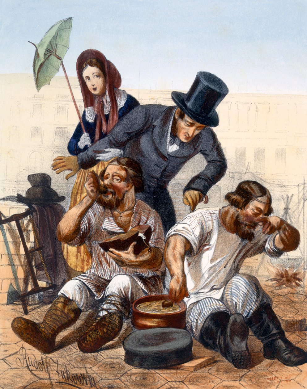 Gazdag pár beszélget egy részeg ácspárral, akik az utcán főznek és esznek, 1843 alkotó: Rudolf Jukowsky