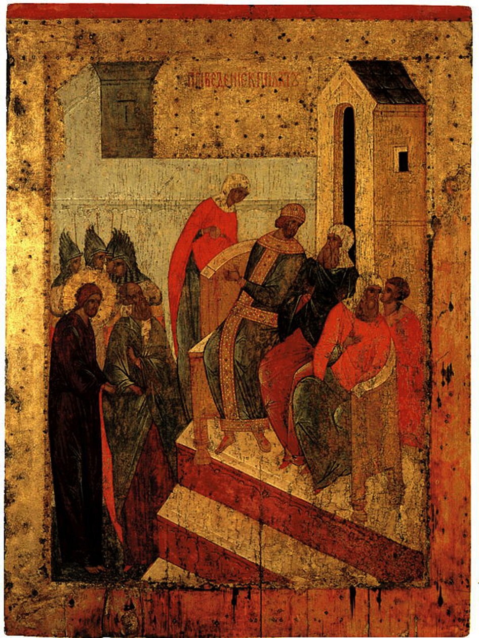 Krisztus Pilátus előtt, 1497 körül (tempera és aranylevél a táblán) alkotó: Russian School