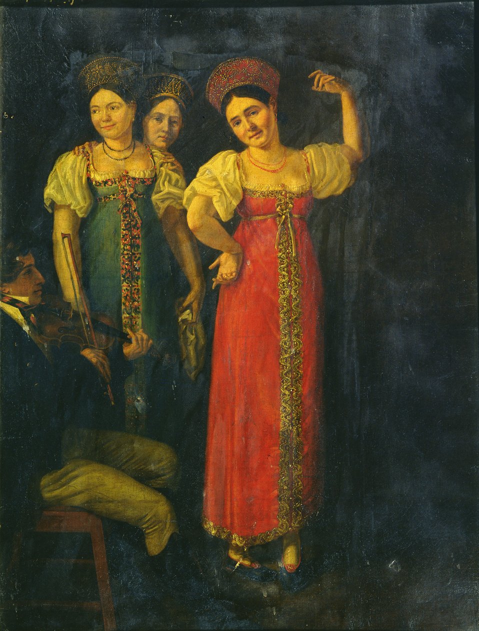 Hegedűs és három nő táncol alkotó: Russian School