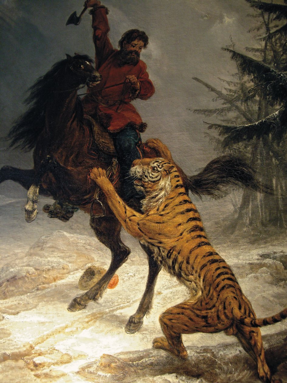 Szibériai tigris megtámad egy kozákot alkotó: Russian School