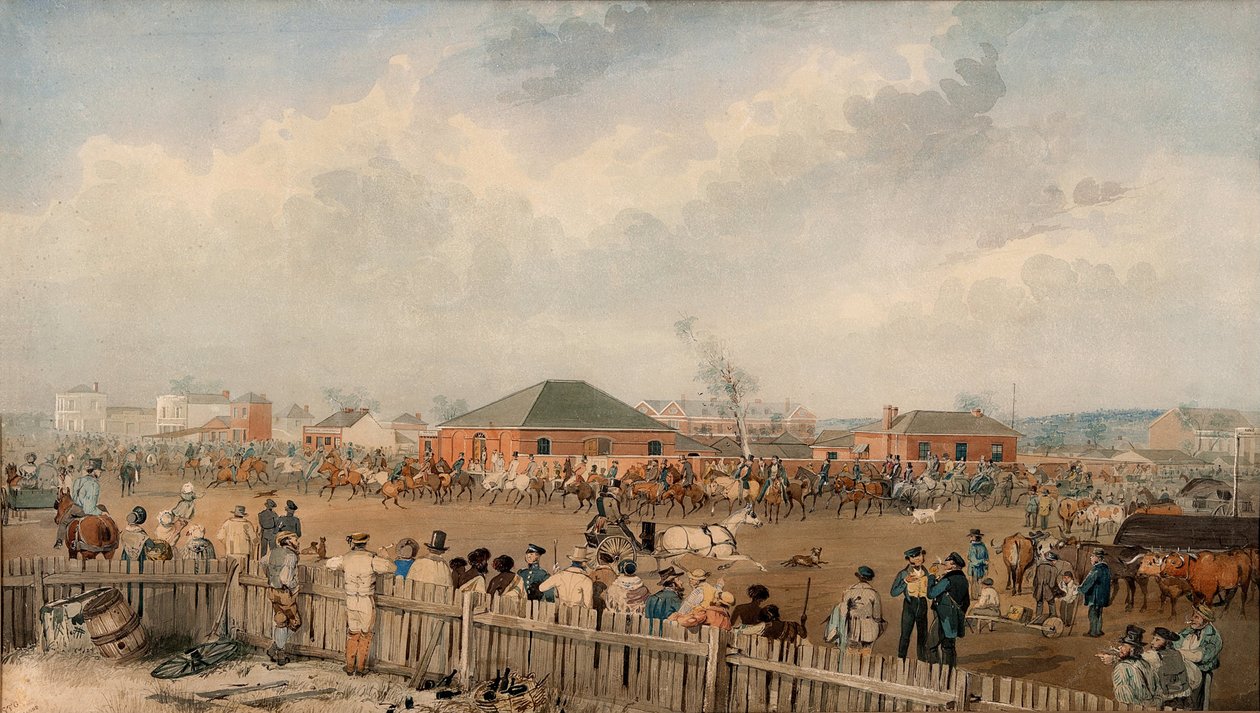 Sturts Overland Expedition elhagyja Adelaide -ot, 1844. augusztus 10 alkotó: S. T. Gill