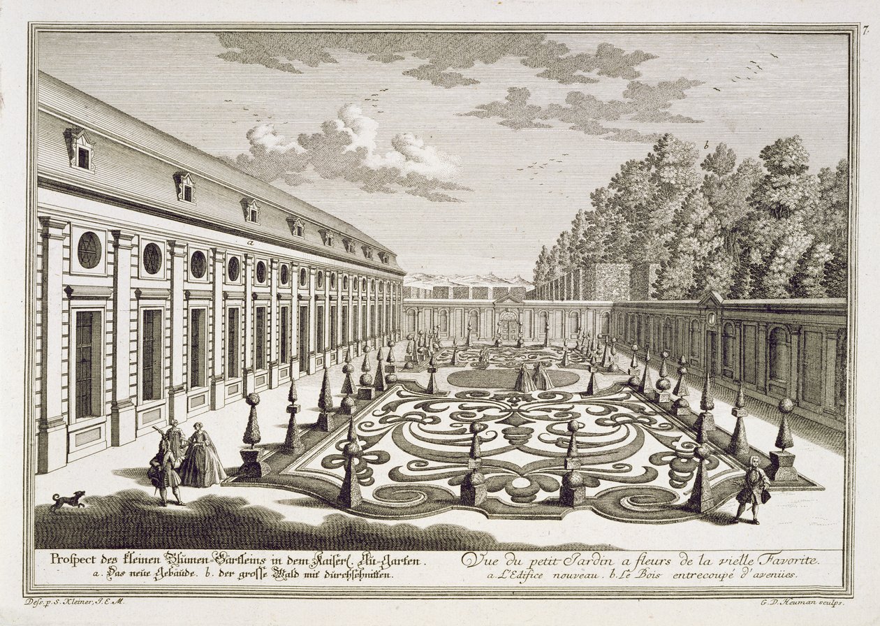 Kilátás egy Bécs melletti virágos kertre, a következőből: „A következő örömkert bemutatása a Residenz-Stadt Wienn kívül, Georg Daniel Heumann (1691-1759) metszete, megjelent 1724-37 körül alkotó: Salomon Kleiner