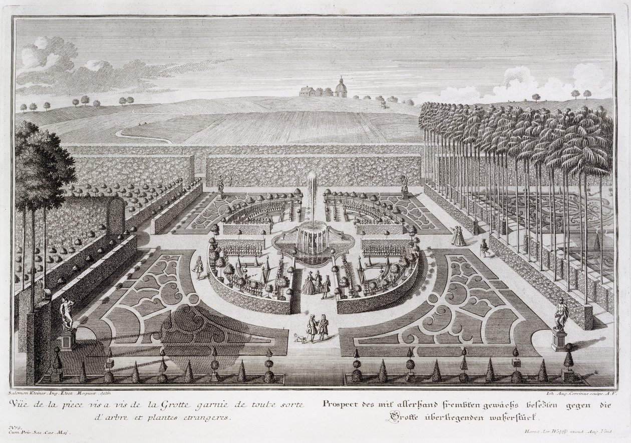 Kilátás a barlang melletti felsőkertre, Geibach, Johann August Corvinus (1683-1738) metszet, 1728-ban megjelent alkotó: Salomon Kleiner