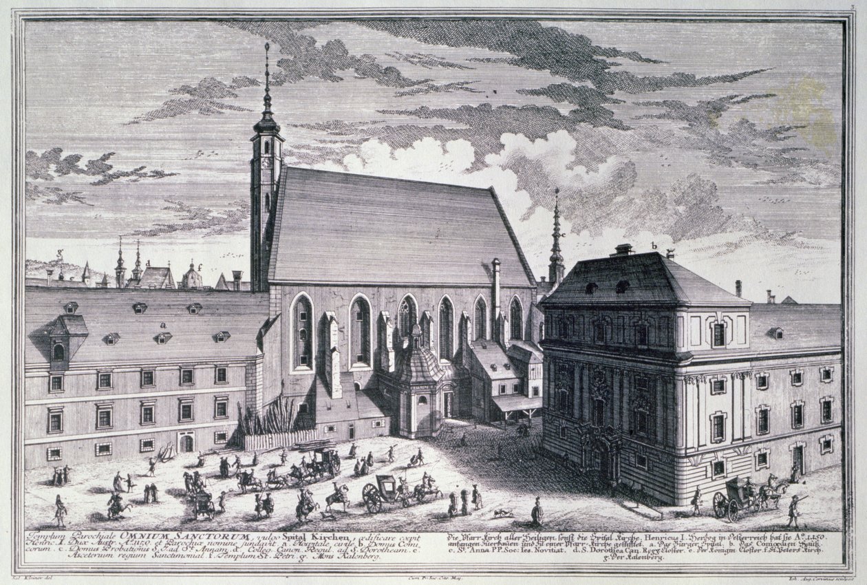 A bécsi Mindenszentek-templom látképe Johann-August Corvinus (1683-1738) metszete. alkotó: Salomon after Kleiner