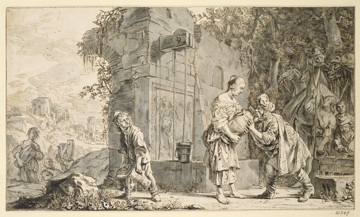 Rebecca és Eliezer, 1660 (toll és tinta, mosás papíron) alkotó: Salomon de Bray
