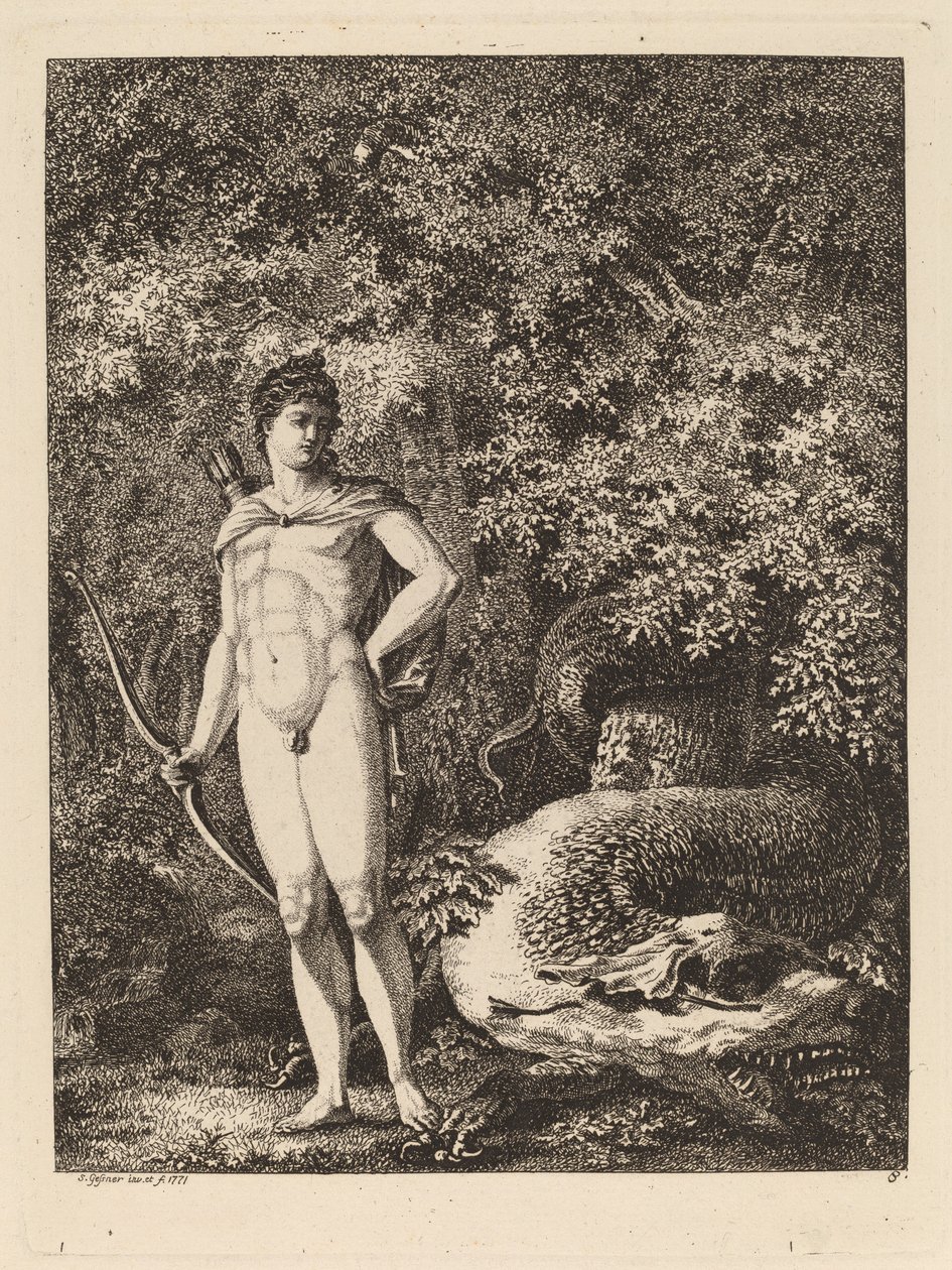 Apolló íjjal és sárkánnyal, 1771. alkotó: Salomon Gessner