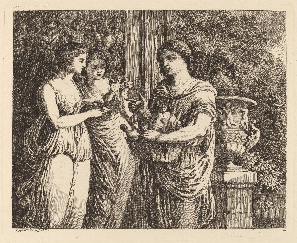 Eladó figura két lánnyal, 1770. alkotó: Salomon Gessner