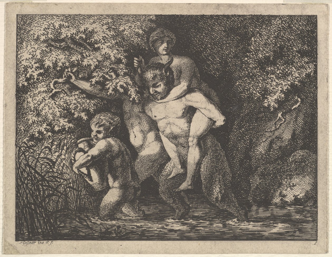 Szatír család, mozgásban, 18. század. alkotó: Salomon Gessner