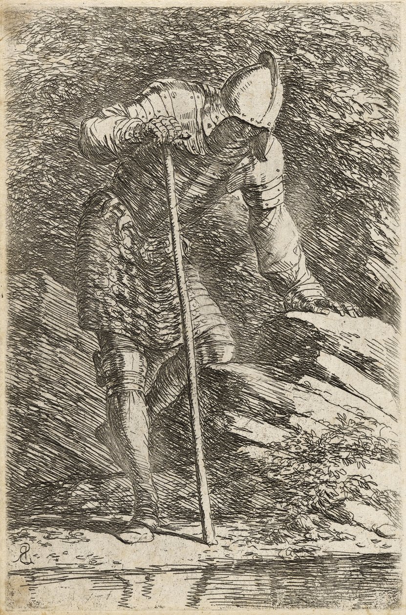 Katona sisakban és páncélban egy patakról, 1656-57 körül (maratott papírra, szárazhegyen) alkotó: Salvator Rosa