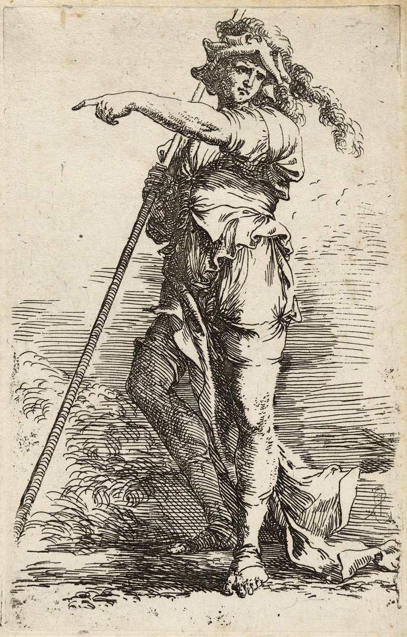 Álló harcos, hosszú botot tart a vállán, és rámutat, 1656-57 körül (szárazhegyű rézkarc fektetett papírra) alkotó: Salvator Rosa