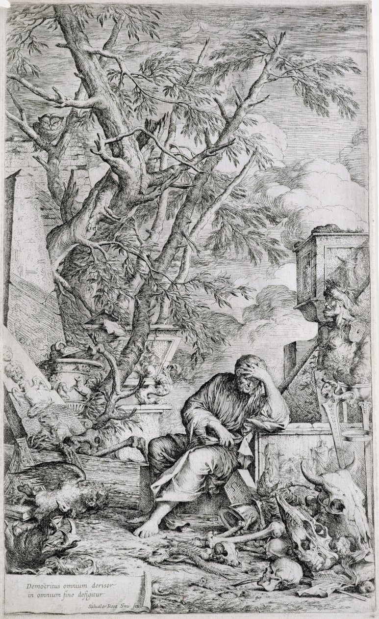 Démokritosz a meditációban (metszet) alkotó: Salvator Rosa