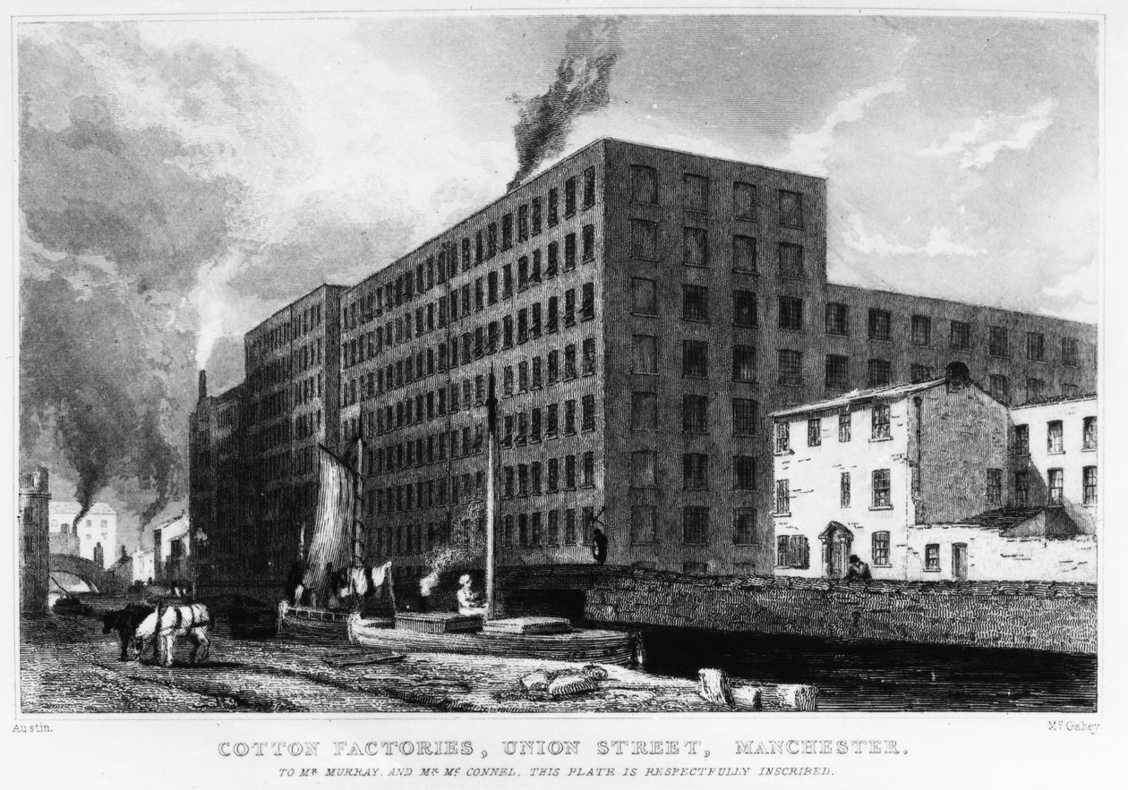 Cotton Factories, Union Street, Manchester, metszett John McGahey, 1829 alkotó: Samuel Austin