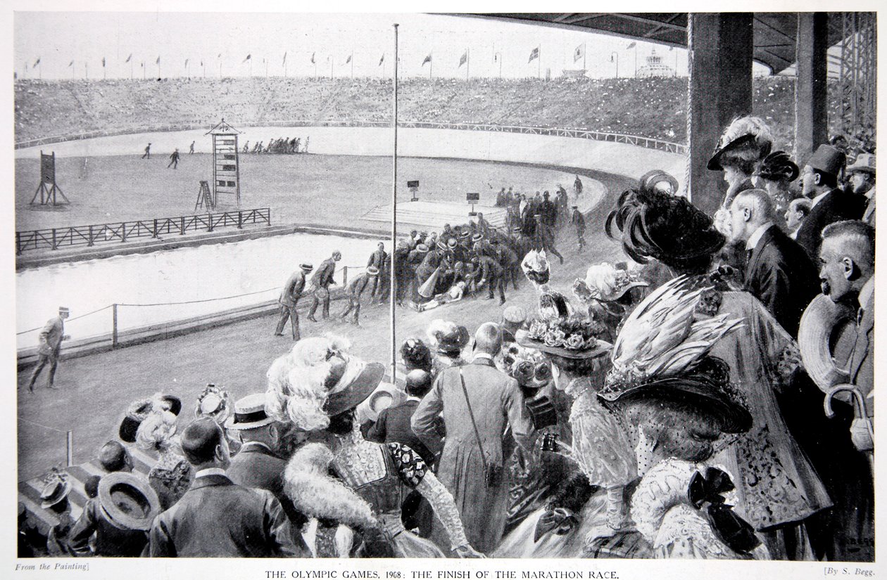 A maratoni futóverseny célba érése, olimpiai játékok, 1908 alkotó: Samuel Begg