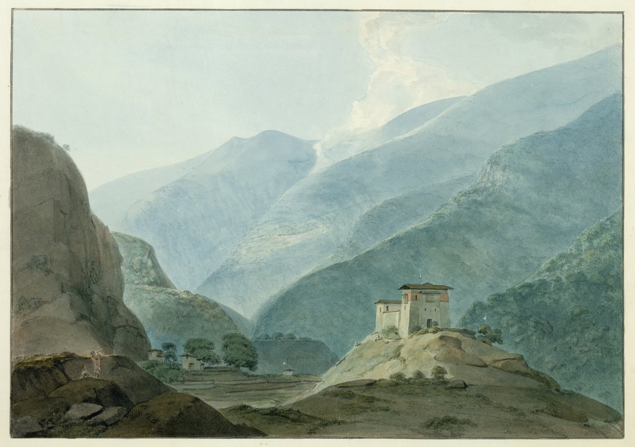 Chukha kastély Bhutánban, 1783 (wc grafit fölött, papíron) alkotó: Samuel Davis