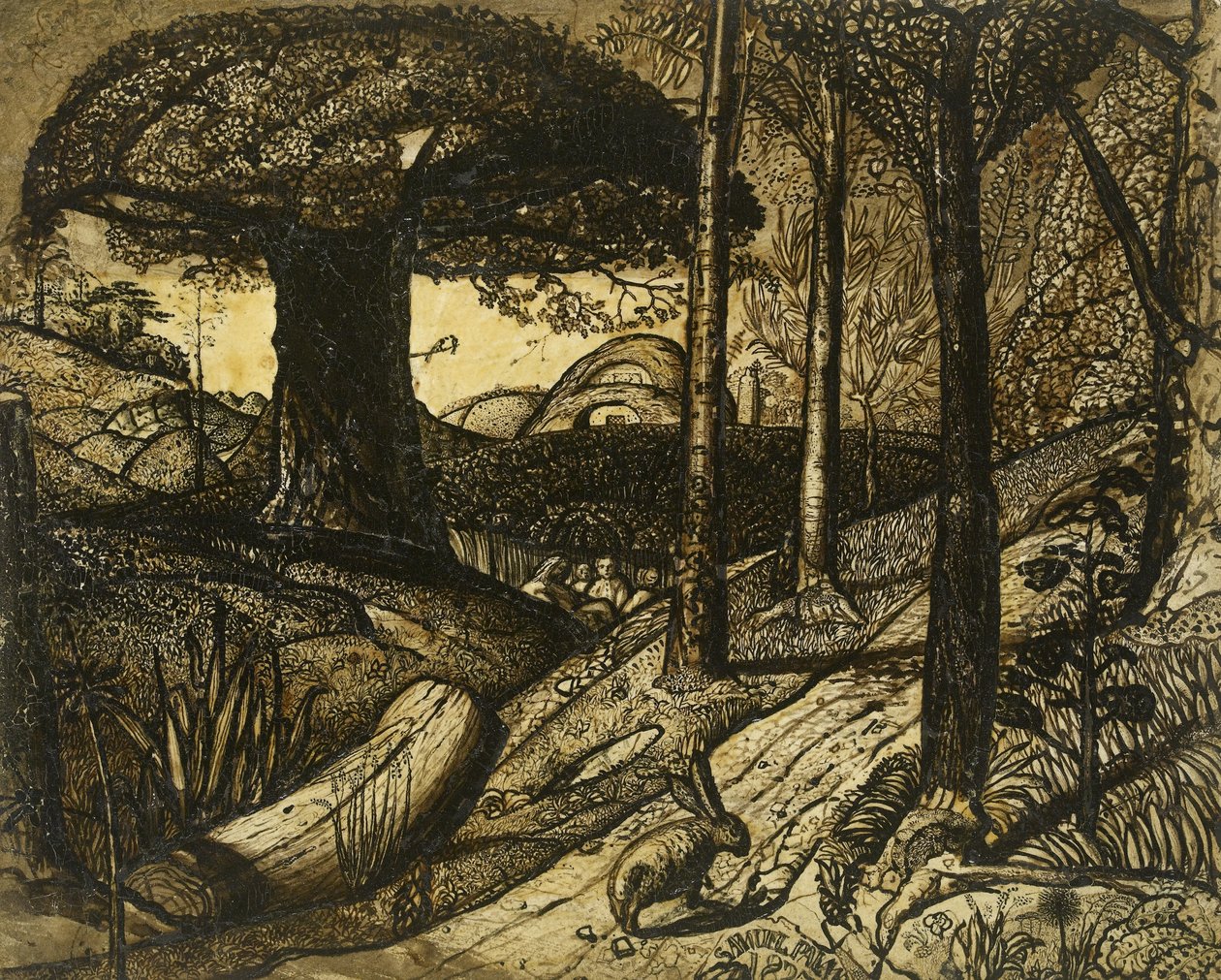 Kora reggel, 1825 (toll és ecset szépia színben) alkotó: Samuel Palmer
