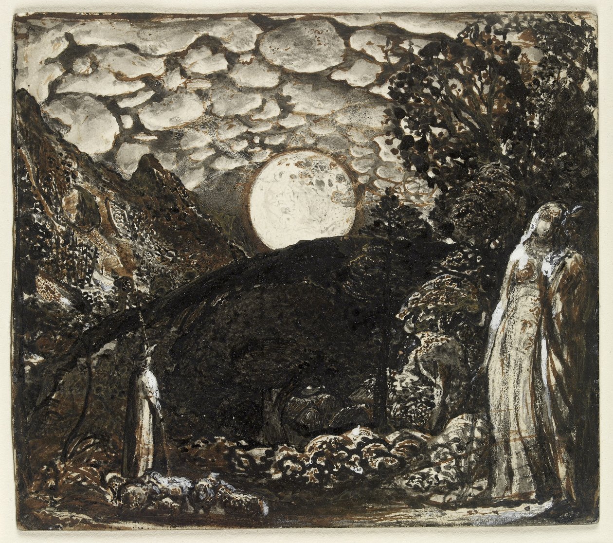 Pásztorok telihold alatt, 1829-30 körül (toll és barna tinta ecsettel indiai tintával, testszínnel kiemelve a fehér kártyán) alkotó: Samuel Palmer