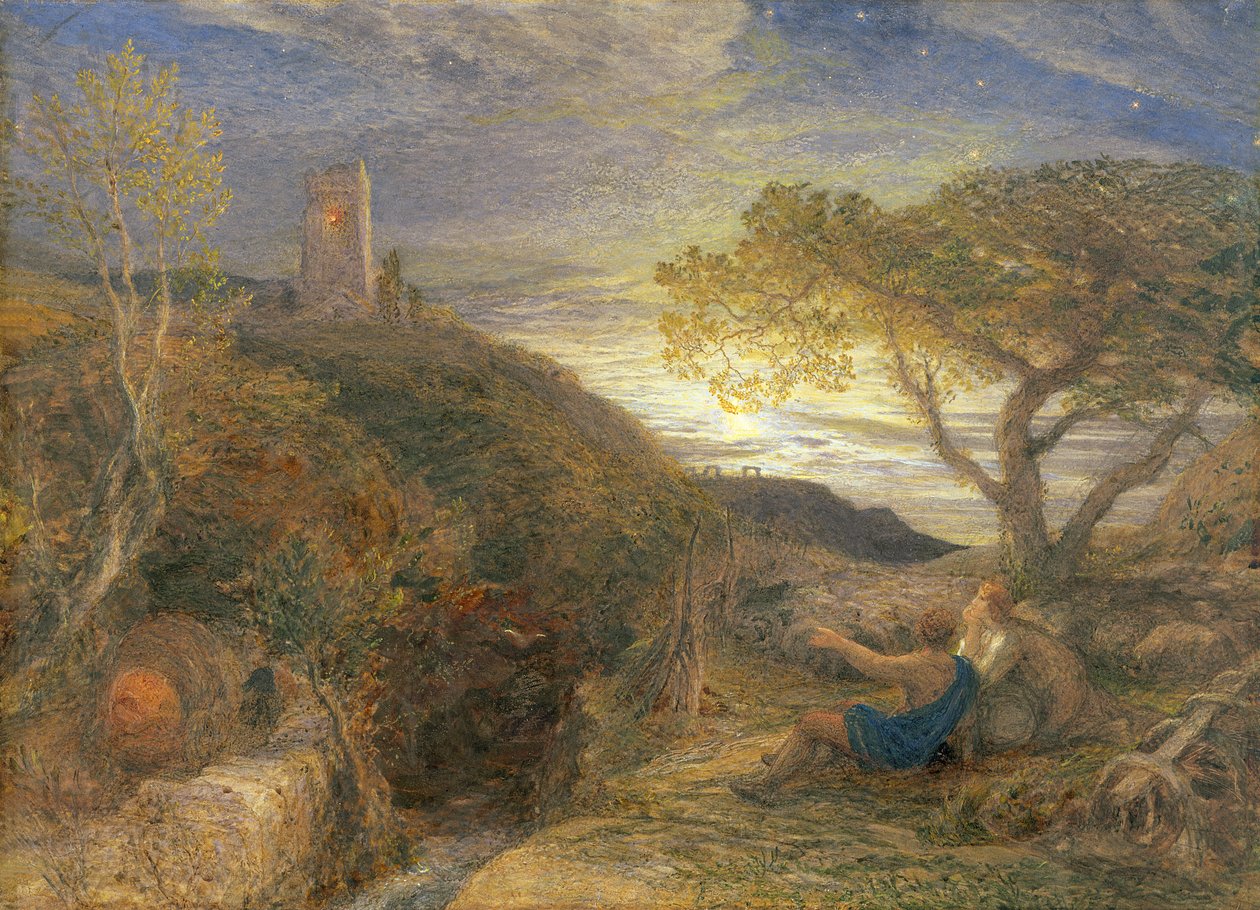 The Lonely Tower, 1868 (wc, testszín és gumiarábikum a londoni táblán) alkotó: Samuel Palmer