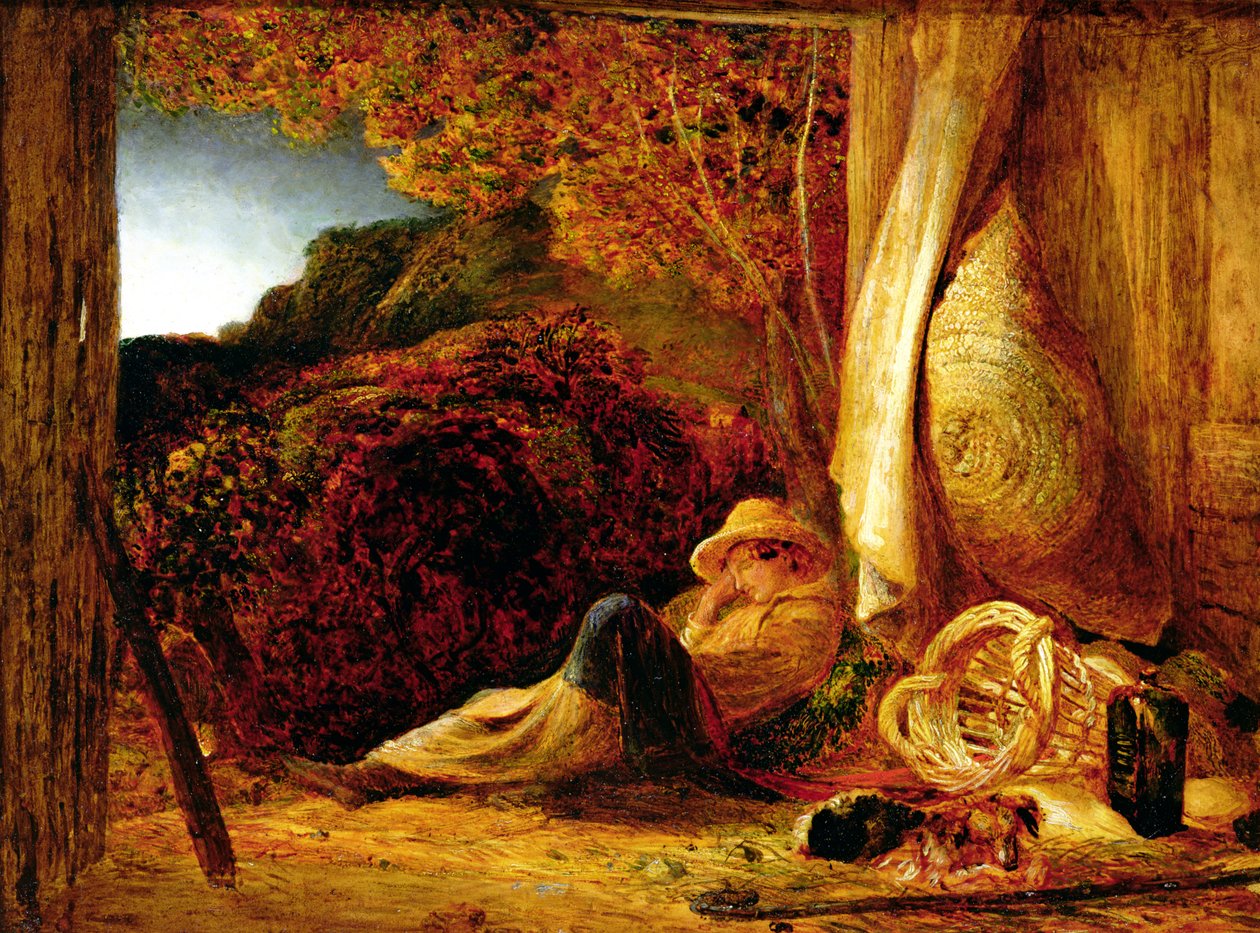 Az alvó pásztor, 1834 (tempera olajmázzal papíron, táblára fektetve) alkotó: Samuel Palmer