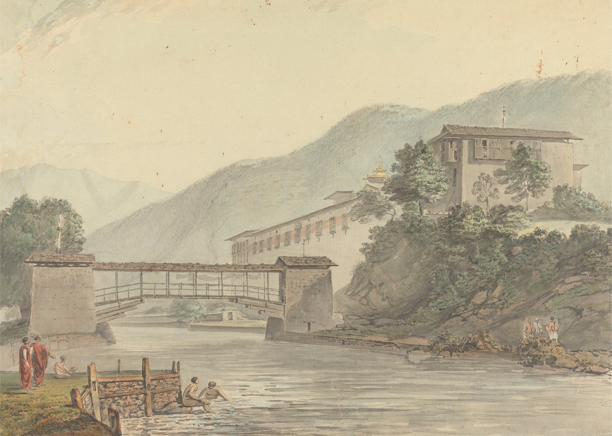 Kilátás a Tashichoedzongra, Bhutánra és a Foot Bridge-re alkotó: Samuel Davis