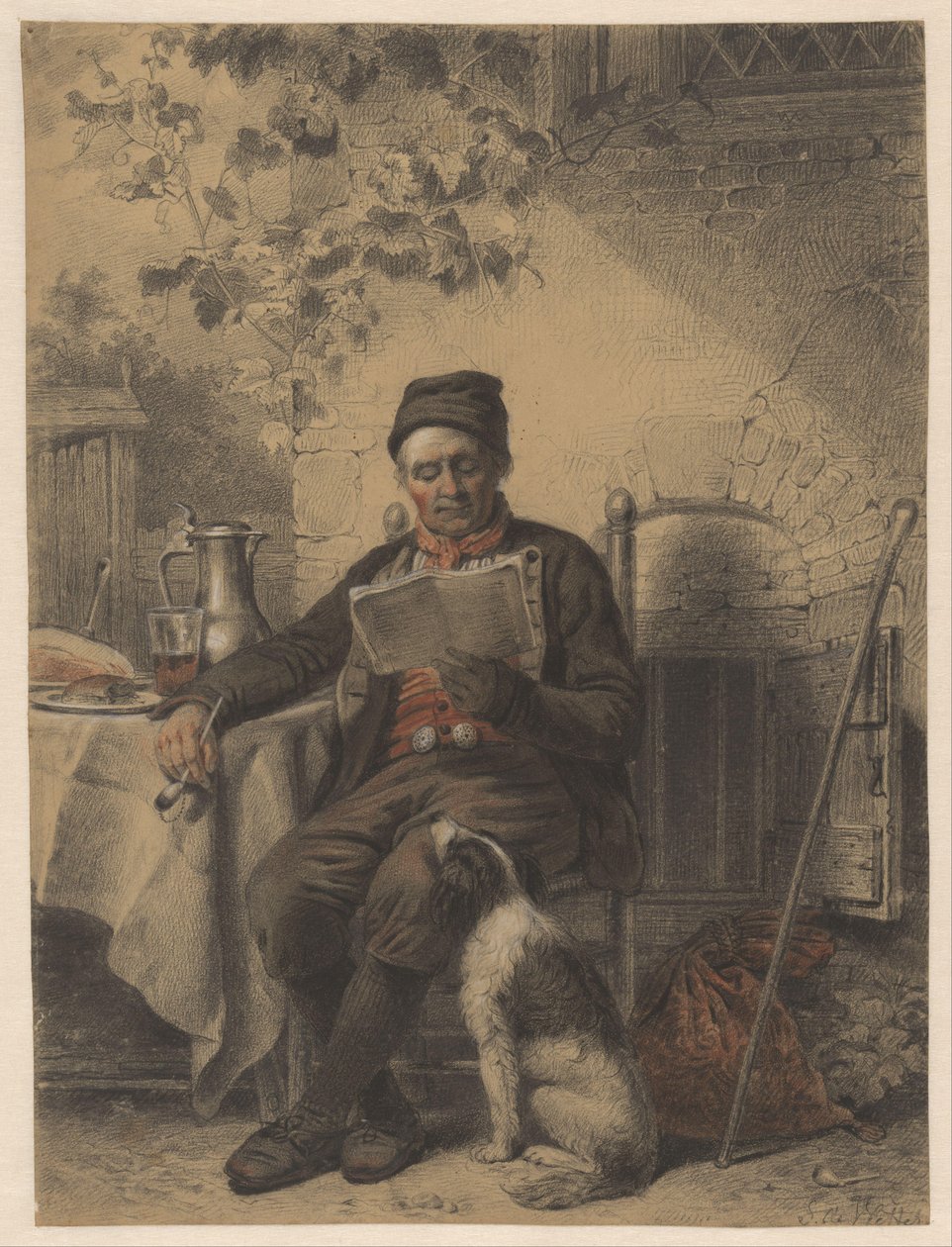 Olvasó ember kutyával alkotó: Samuel Johannes de Vletter