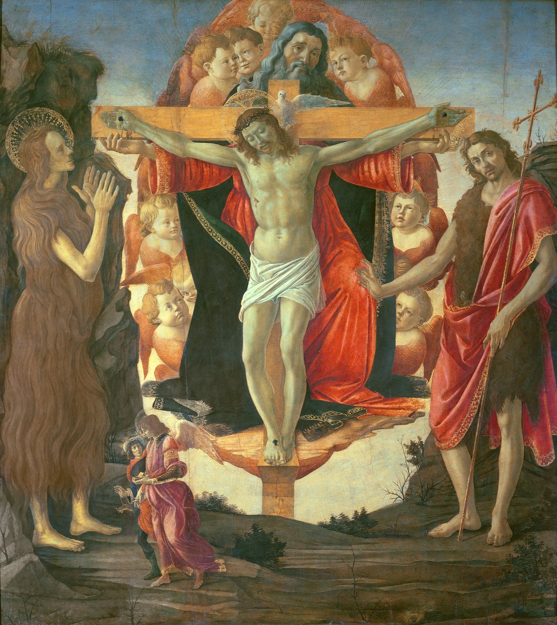 A Szentháromság Keresztelő Szent Jánossal, Mária Magdolnával, Tóbiással és az angyallal, 1490-95 körül (tempera a panelen) alkotó: Sandro Botticelli