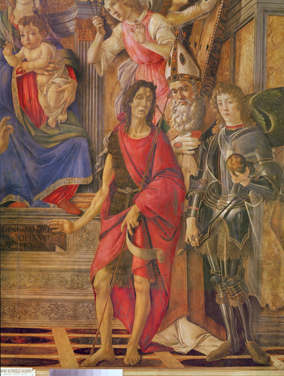 Szent Barnabás szűz és trónoló gyermek oltárképe, Keresztelő Szent János, Szent Ignác antiochiai püspök részlete, Szent Mihály, 1488 körüli tempera fán alkotó: Sandro Botticelli