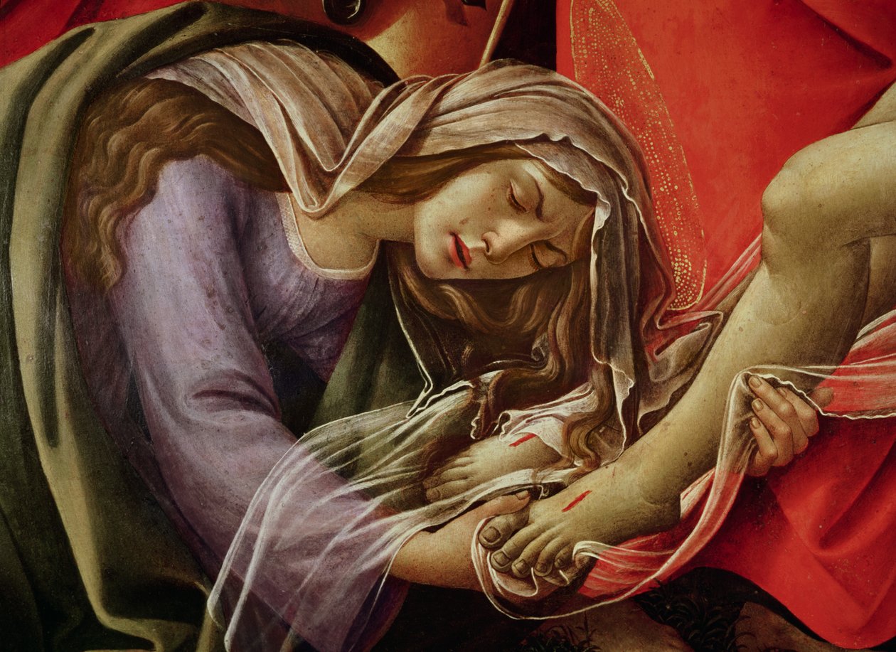 Krisztus siralma, Mária Magdolna részlete és Krisztus lábai, 1490 körül alkotó: Sandro Botticelli