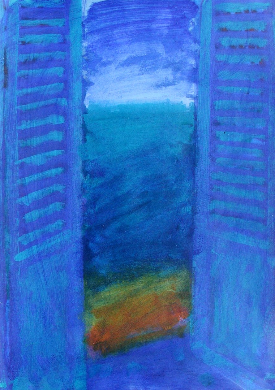 Blue Shutters (akril, tábla) alkotó: Sara Hayward