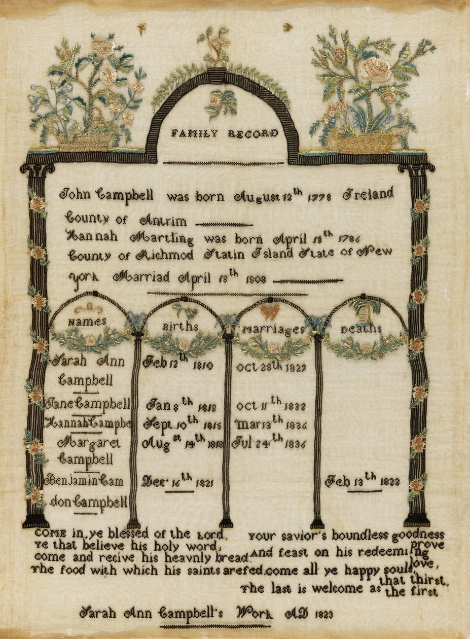 Családi anyakönyvi mintavevő alkotó: Sarah Ann Campbell