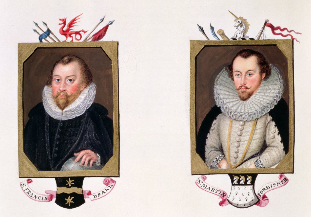 Sir Francis Drake (1540-96 körül) és Sir Martin Frobisher (1535-94 körül) kettős portréja az 1825-ben kiadott "Emlékiratok Erzsébet királynő udvaráról" című kötetből (wc és gouache, papír). alkotó: Sarah Countess of Essex