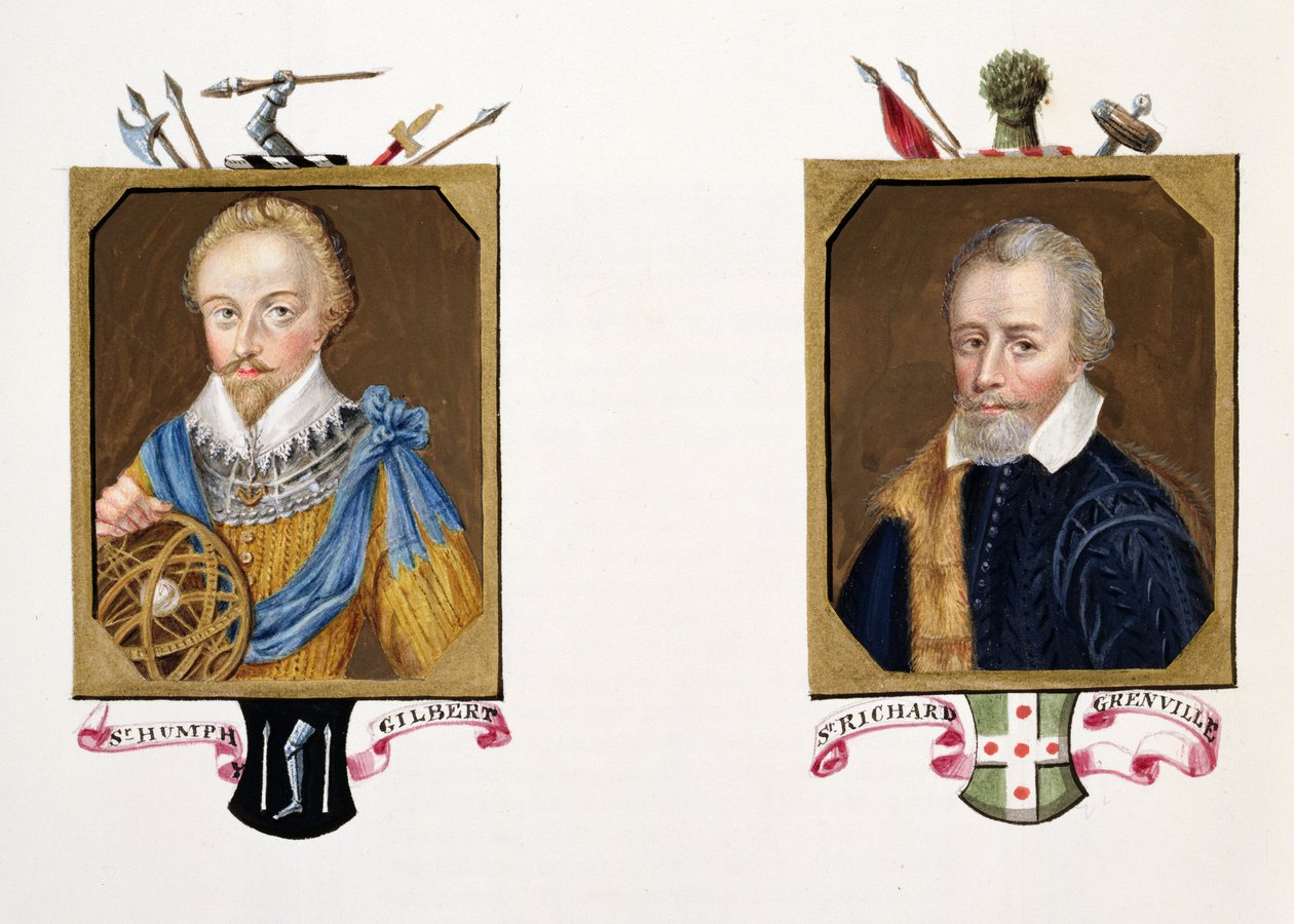 Sir Humphrey Gilbert (kb. 1539-83) és Sir Richard Grenville (kb. 1541-91) kettős portréja az 1825-ben megjelent „Erzsébet királynő udvarának emlékirataiból” (wc és gouache papíron) alkotó: Sarah Countess of Essex