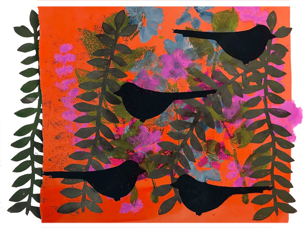 Négy feketerigó (monoprint papíron) alkotó: Sarah Thompson Engels