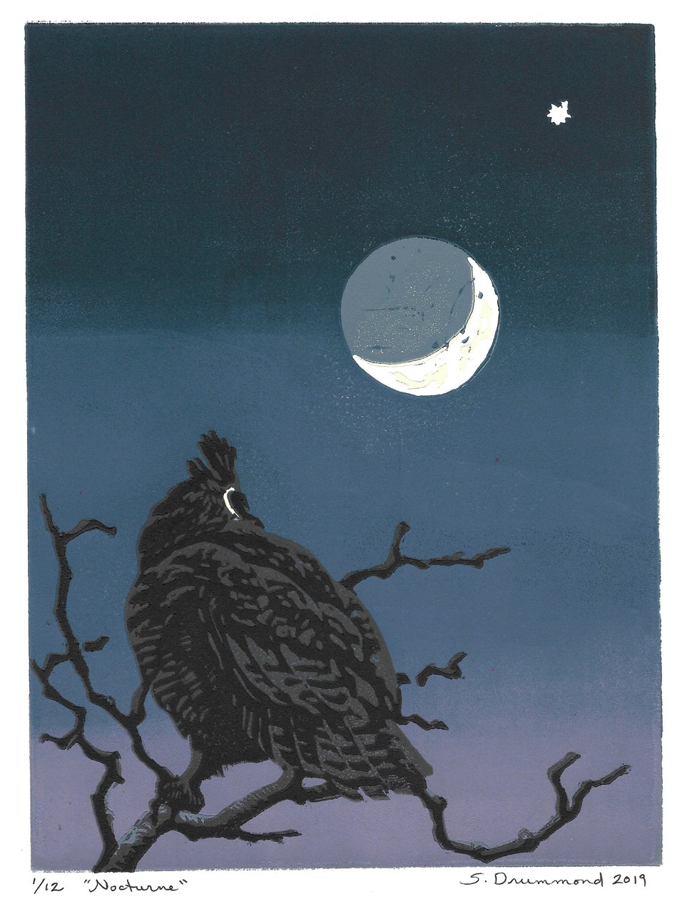 Nocturne, 2019 (Linómetszet) alkotó: Sarah Drummond