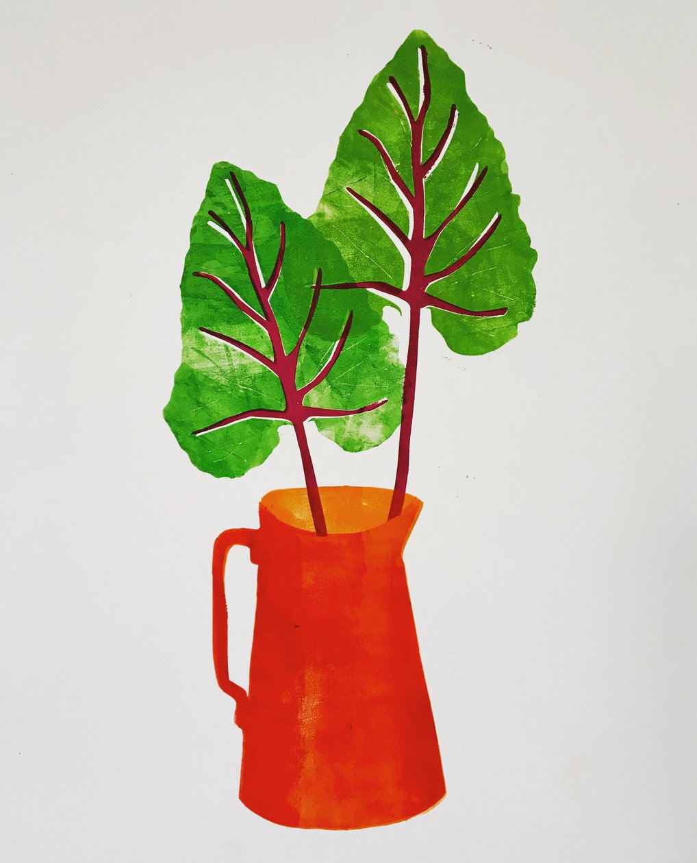 "Piros kancsó levelekkel" 2020 (monoprint) alkotó: Sarah Thompson Engels