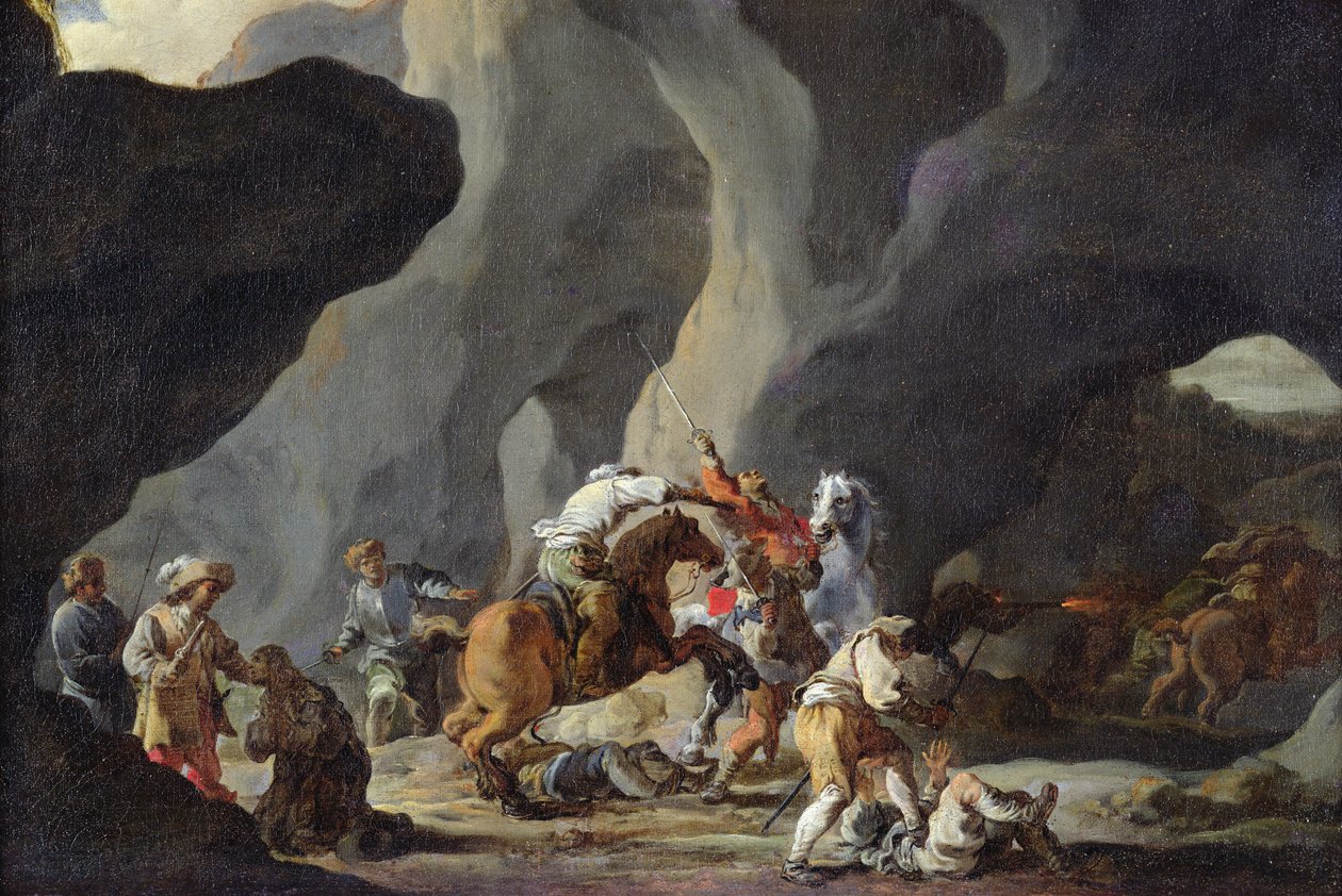 Az utazók támadása, 1634-37 körül alkotó: Sébastien Bourdon