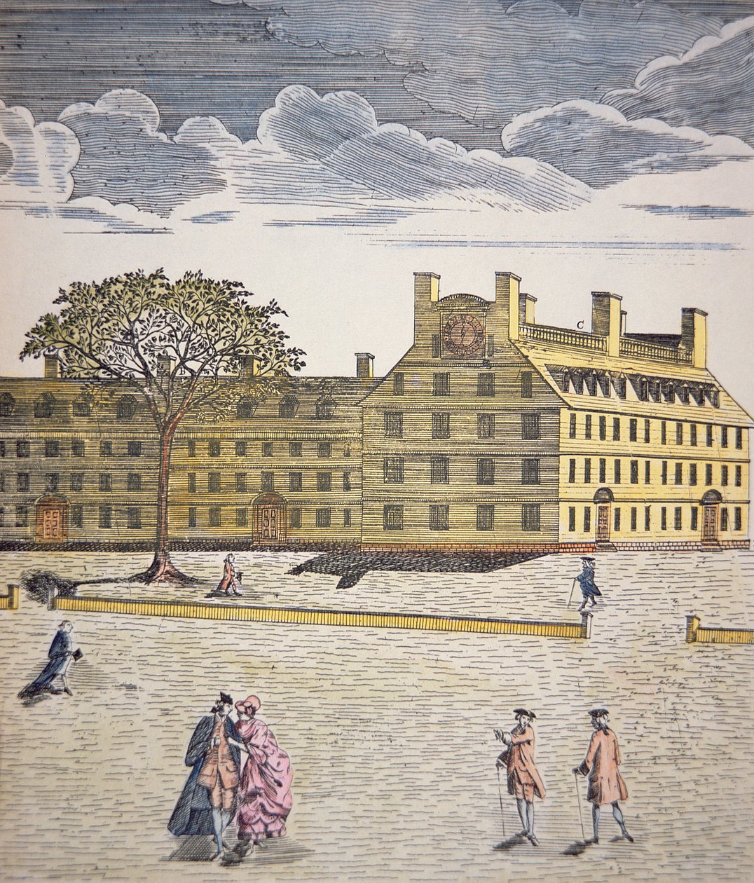 Harvard College, Cambridge, Massachusetts, 1740 körül (színes litho) alkotó: School American