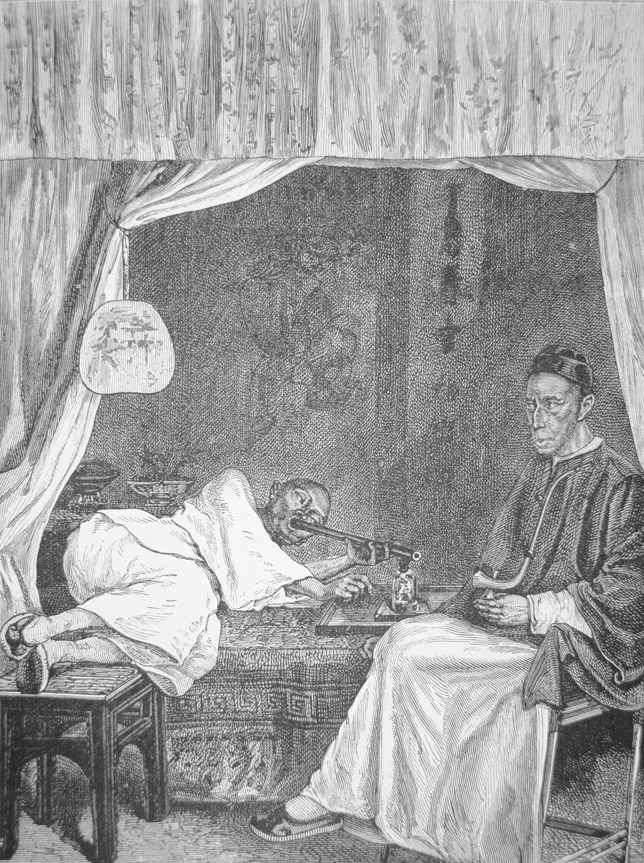 Kínai ópiumfüstölők, metszet 1875-ből (litho) alkotó: School Chinese