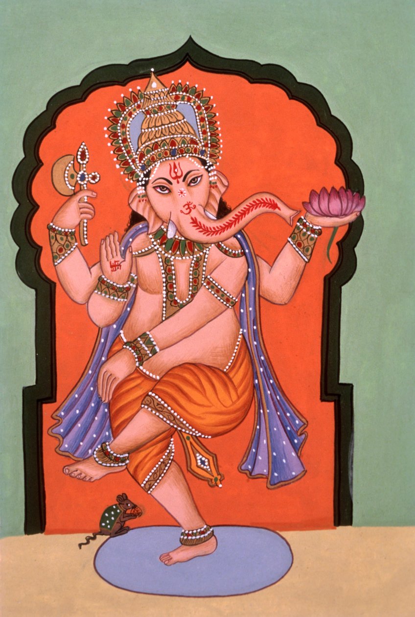 Miniatűr festmény Elefánt fejű Isten Ganesh Ganpati alkotó: School Indian