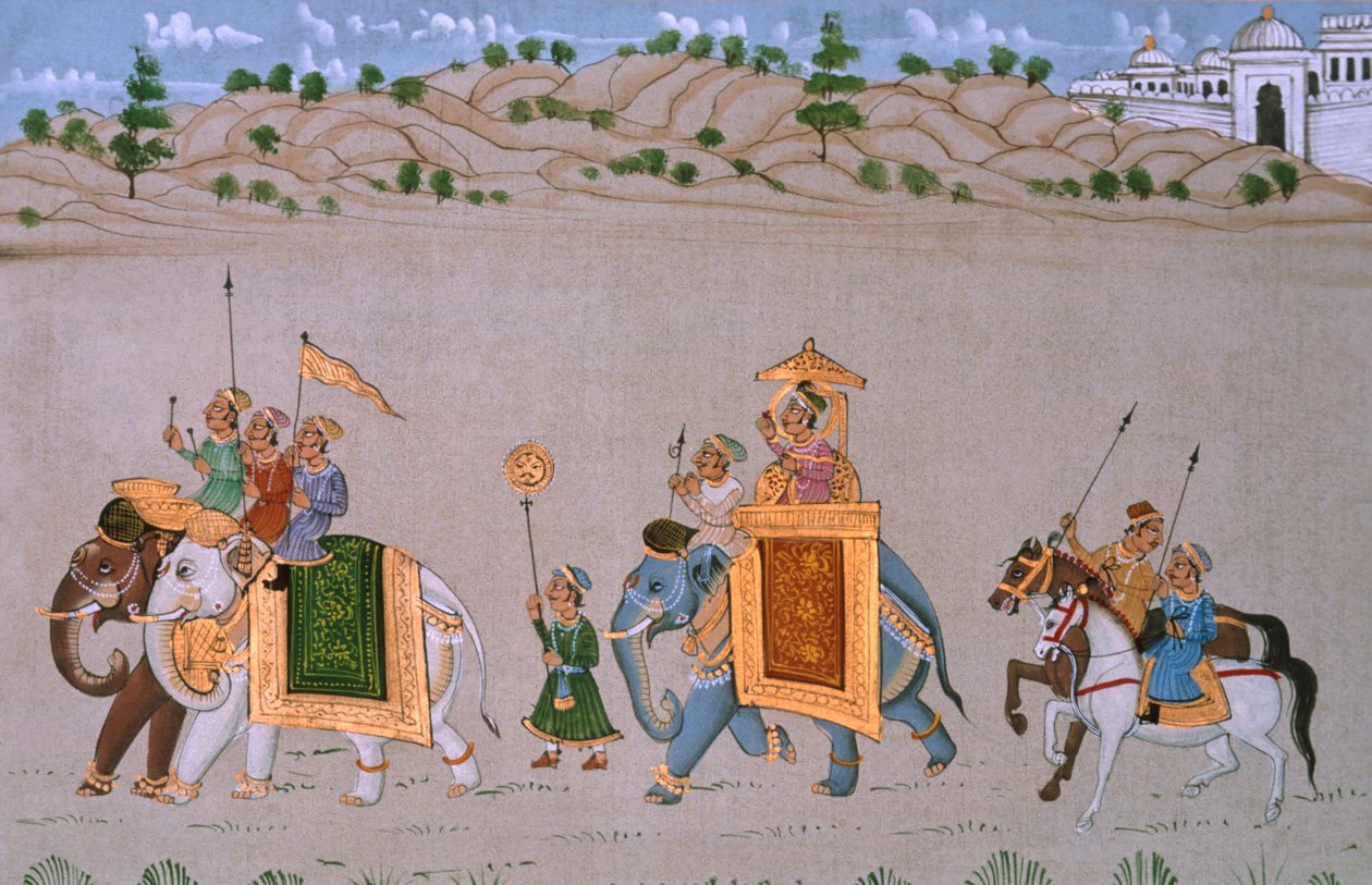 Miniatűr festmény selyemre, Királyi felvonulás alkotó: School Indian