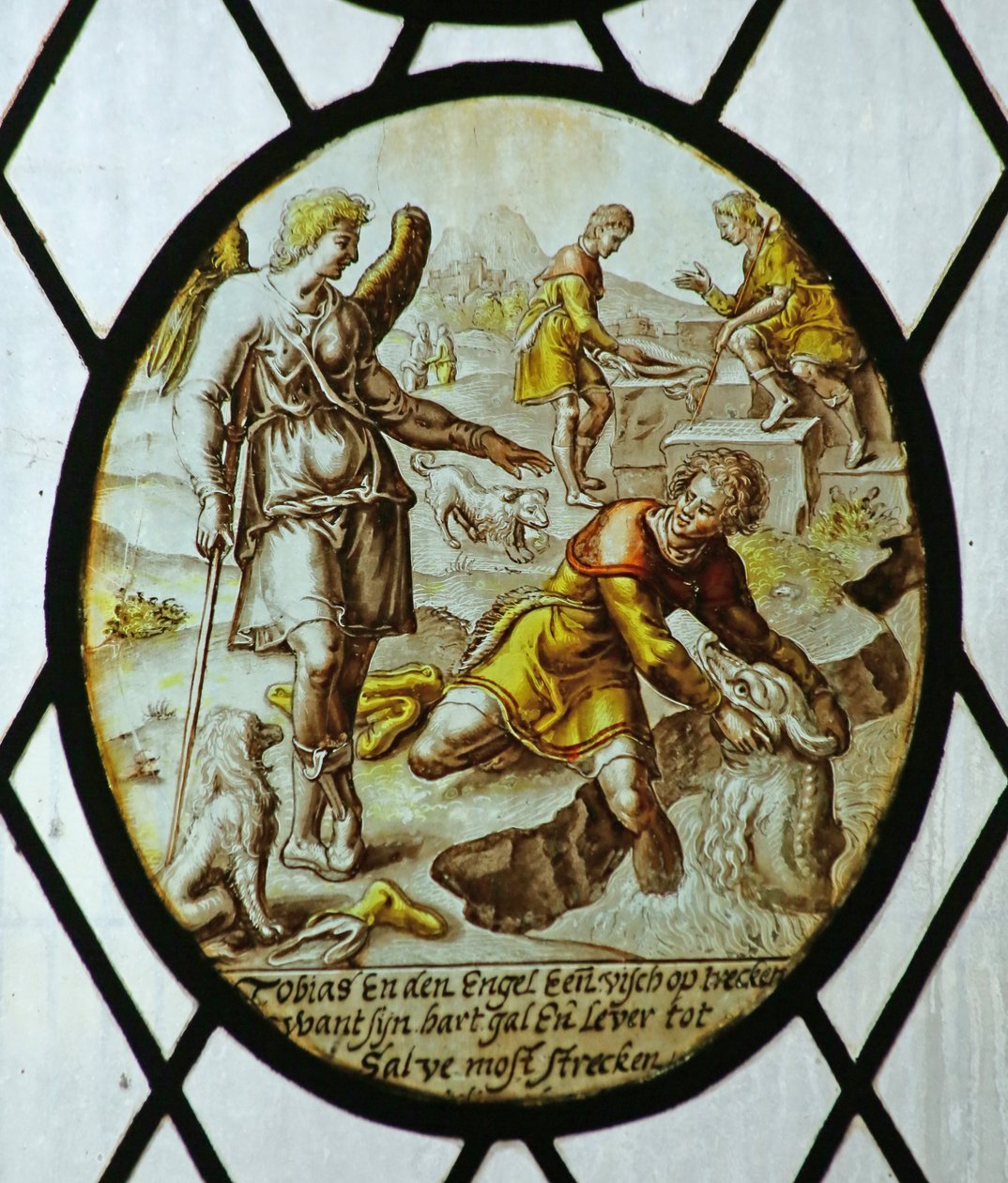 Roundel: Tóbiás halat fog (ólomüveg) alkotó: School Netherlandish