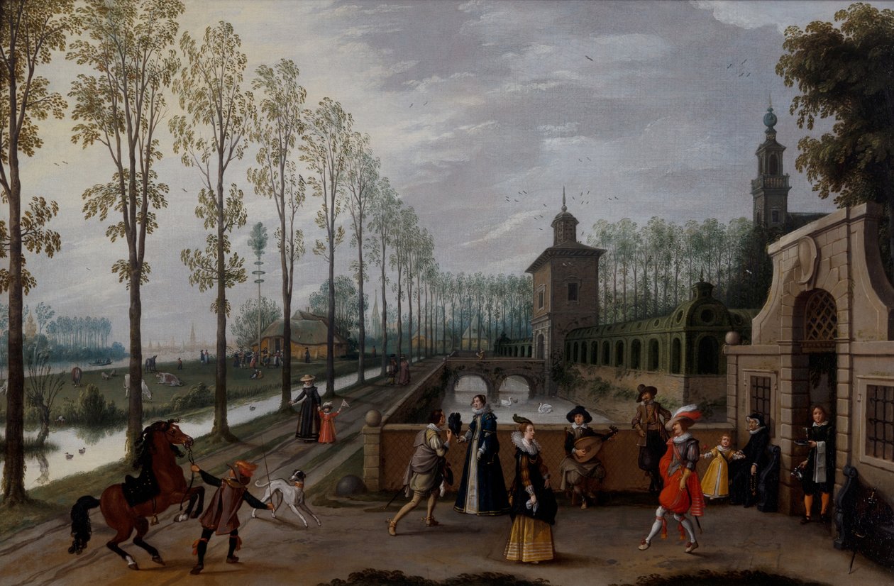An elegant company promenading outside a palace alkotó: Sebastian Vrancx