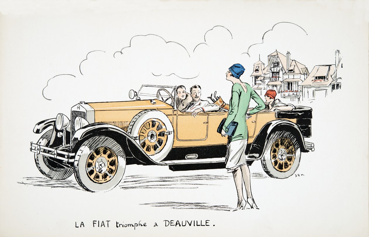 A La Fiat diadalmaskodik a Deauville-ben, a White Bottoms kocsmából. 1927 (színes blokknyomat) alkotó: Sem